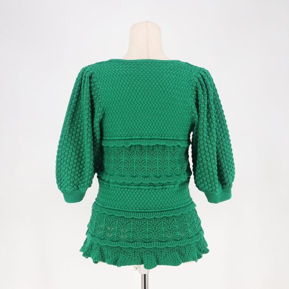 BOSTON PROPER Artisanal Knit Tiered Half Sleeve Scoop Neck Top Emerald Green M - Picture 4 of 8